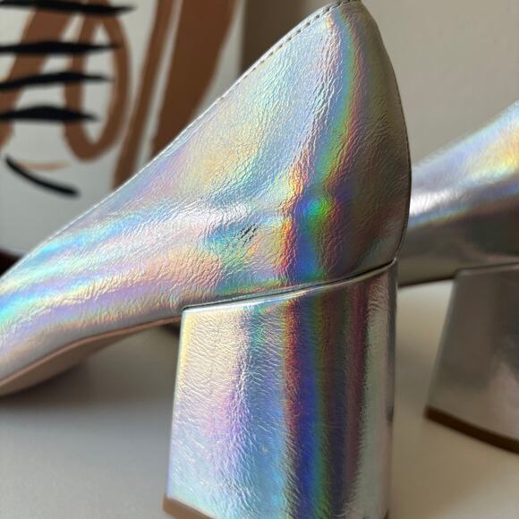 Zac Posen Silver Holographic Pointed Toe Slip On Block Heel Leather Pumps 8.5 - Picture 6 of 10